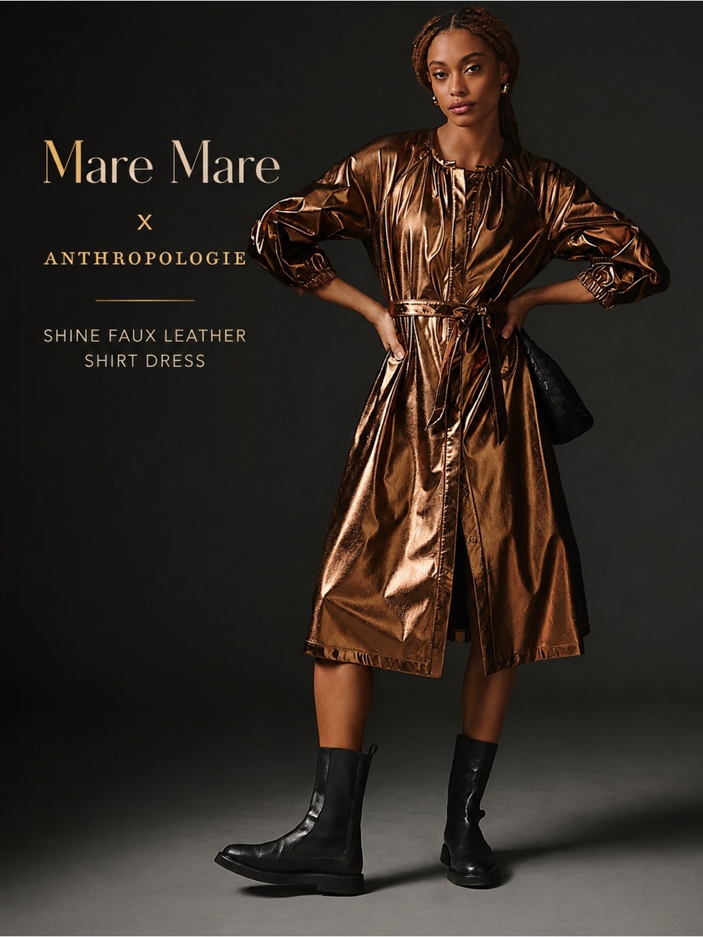 Anthropologie Metallic Bronze Midi Shirt Dress
